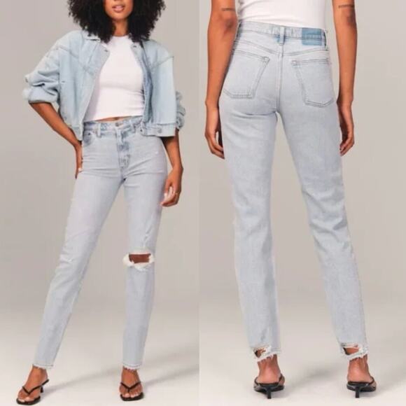 Abercrombie & Fitch Denim - Abercrombie & Fitch The Mom High Rise Jeans in Light Destroy Wash